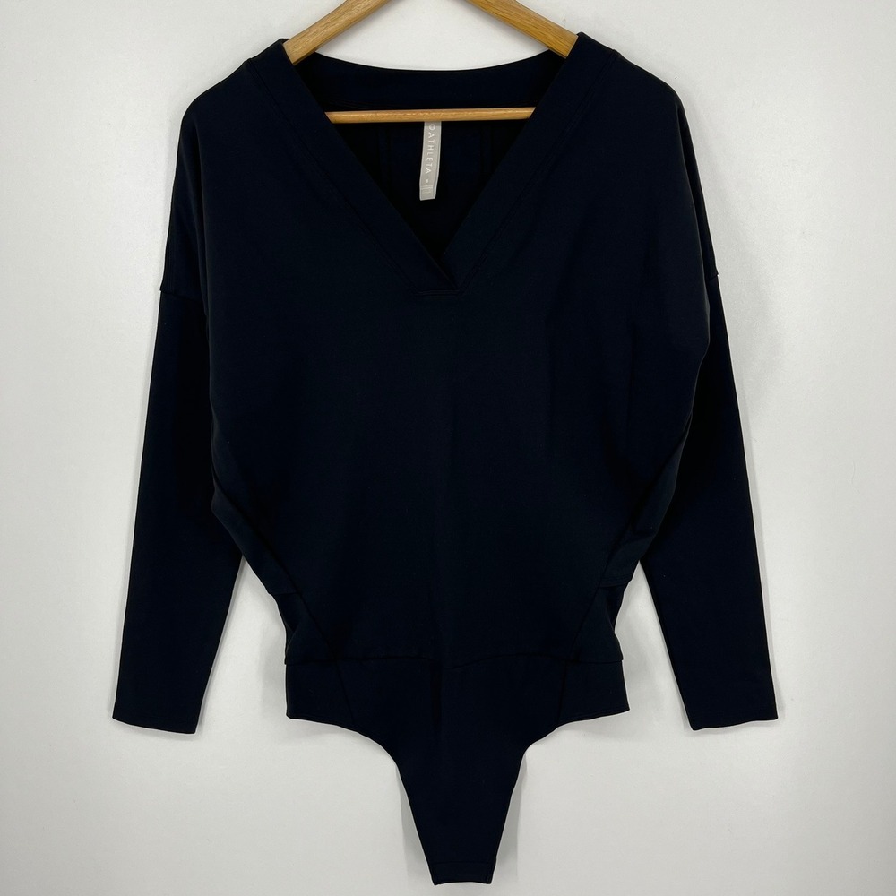 Athleta Womens Black V-Neck Long Sleeve Draped Back Bodysuit Size S